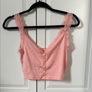 Pink Lace Trim Button-Up Women's Top